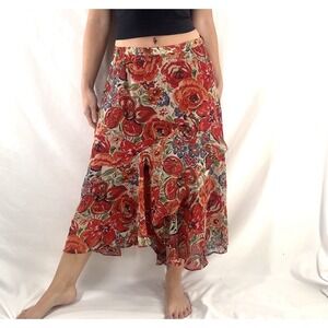 Romantic Boho Floral Midi Skirt L Cottage Feminine Flowy Chiffon Ruffle